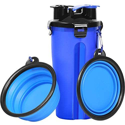 Dog Water Bottle Dog Bowls for Traveling Pet Food Container 2-in-1 with Collapsible Dog Bowls, Outdoor Dog Water Bowls for Walking Hiking Travelling … (Blue)