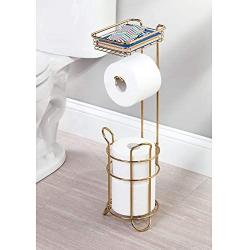 mDesign Freestanding Metal Wire Toilet Paper Roll Holder Stand and Dispenser with Storage Shelf for Cell, Mobile Phone - Bathroom Storage Organization - Holds 3 Mega Rolls - Soft Brass