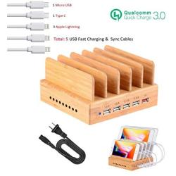 Bamboo Charging Station,USB Charging Station Dock 5- Port OthoKing Charging Stand Organizer Multiple Charger Station & Desktop Docking Station Compatible with Smartphone,Tablets,Samsung Galaxy