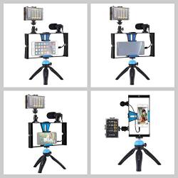 Smartphone Video Rig Kit PULUZ Smartphone Video Grip with Microphone + Video Light + Cold Shoe Tripod Head + Mini Tripod for iPhone Samsung and Most Phones Within 7-inch Screen (Blue)