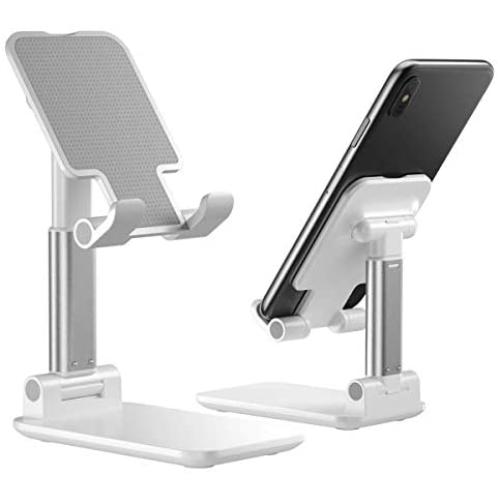 Cell Phone Stand, Foldable Portable Desktop Stand Adjustable Height and Angle Phone Holder for Desk Sturdy Aluminum Metal Stand Compatible with Smartphone/iPad/Kindle/Tablet (White)