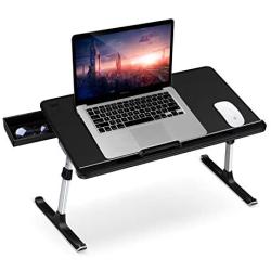 SAIJI Laptop Table Stand Desk, Adjustable PVC Leather Laptop Bed Table, Portable Standing Desk with Storage Drawer, Foldable Lap Tablet Desk for Sofa Couch Floor (Large,Black)