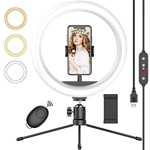 Selfie Ring Light 10’’ with Tripod Stand & Phone Holder, Desktop LED Ring Light with Dimmable 3 Light Modes &10 Brightness for Live Streaming/YouTube Video/Makeup/Volg, Compatible with iPhone Android