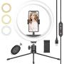 Selfie Ring Light 10’’ with Tripod Stand & Phone Holder, Desktop LED Ring Light with Dimmable 3 Light Modes &10 Brightness for Live Streaming/YouTube Video/Makeup/Volg, Compatible with iPhone Android