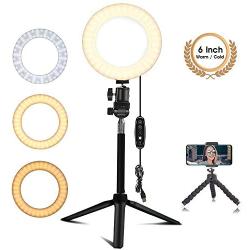 EEIEER Ring Light, 6 Ring Light with Stand Mini LED Dimmable Light with Cell Phone Holder Desktop LED Lamp for Live Stream/Makeup/Video/Photography (6inch,White/Cold Light)