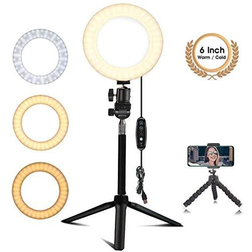 EEIEER Ring Light, 6 Ring Light with Stand Mini LED Dimmable Light with Cell Phone Holder Desktop LED Lamp for Live Stream/Makeup/Video/Photography (6inch,White/Cold Light)