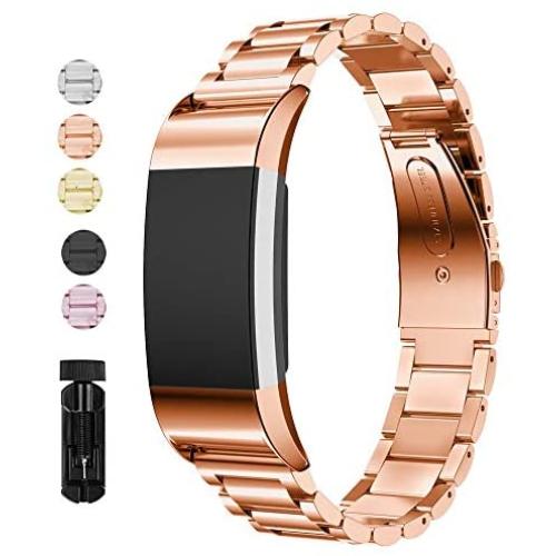 Jiarusig Compatible with Fitbit Charge 2 Bands, Stainless Steel Metal Bands Strap Men Women Replacement Bracelet Small Large Wristband Accessories Band Compatible with Fitbit Charge 2, Rose Gold