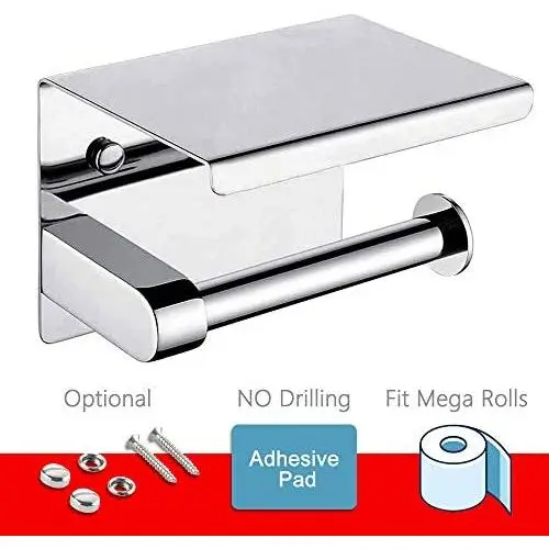 Toilet Paper Holder - Toilet Paper Roll Holder with Shelf, Adhesive No Drilling or Wall Mounted with Screws for Bathroom, It Holds Mega Roll- Stainless Steel Polished Chrome Toilet Paper Holder - Toilet Paper Roll Holder with Shelf, Adhesive No Drilling or Wall Mounted with Screws for Bathroom, It Holds Mega Roll- Stainless Steel Polished Chrome