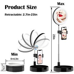 6.3" LED Ring Light with Makeup Mirror; Adjustable Height Stand Selfie Ring Light with Rotating Phone Holder; 3 Color Modes and 10 Brightness Levels for YouTube Video/Live Stream/Photography