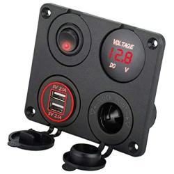 Linkstyle 4 in 1 Charger Socket Panel, 12V 4.2A Dual USB Charger Socket Power Outlet & LED Voltmeter & Cigarette Lighter Socket & Red LED Lighted ON Off Rocker Toggle Switch for Car Marine Boat Truck