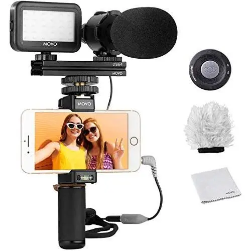 Movo Smartphone Video Rig Kit V7 with Grip Rig, Stereo Microphone, LED Light and Wireless Remote - YouTube, TIK Tok, Vlogging Equipment for iPhone/Android Smartphone Video Kit