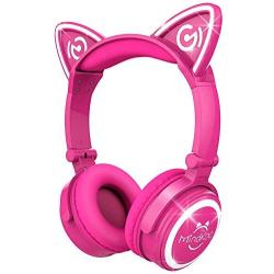 MindKoo Bluetooth Headphones Over-Ear Wireless Headphones Cat Ear Headphones with LED Light Foldable Built-in Microphone and Volume Control for PC Cell Phones Kids Teenager Boys Girls Adults Hot Pink