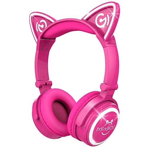 MindKoo Bluetooth Headphones Over-Ear Wireless Headphones Cat Ear Headphones with LED Light Foldable Built-in Microphone and Volume Control for PC Cell Phones Kids Teenager Boys Girls Adults Hot Pink