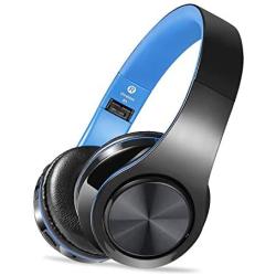 Wireless Headset with Mic, Foldable Bluetooth Headphone with 3.5mm Audio Jack, Built-in Noise Cancelling Microphone, Support for Plug-in Card, for PC, Phone(Black+Blue)