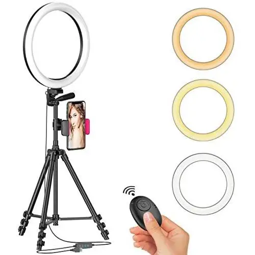 12" LED Selfie Ring Light with Tripod Stand & Cellphone Holder for Live Stream/Makeup/YouTube Video, Dimmable Beauty Ringlight for iPhone Android Phone, Color Temperature 3000K-6000K, 162Bulbs, Remote