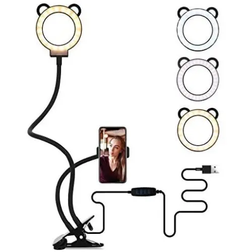 Lusweimi Selfie Ring Light with Cell Phone Holder & 25&quot Arms，Ring Light Clamp Compatible for iPhone & Android Smart Phone, Desk Lamp with Lazy Bracket for Live Stream/Makeup/YouTube/Photography