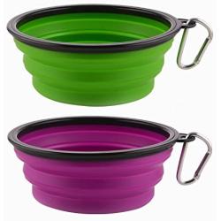 Guardians Large Collapsible Dog Bowls, 34oz Portable Foldable Water Bowls Food Dishes with Carabiner Clip for Travel, 2 Pack (Purple+Green)