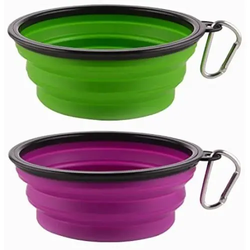 Guardians Large Collapsible Dog Bowls, 34oz Portable Foldable Water Bowls Food Dishes with Carabiner Clip for Travel, 2 Pack (Purple+Green) Guardians Large Collapsible Dog Bowls, 34oz Portable Foldable Water Bowls Food Dishes with Carabiner Clip for Travel, 2 Pack (Purple+Green)