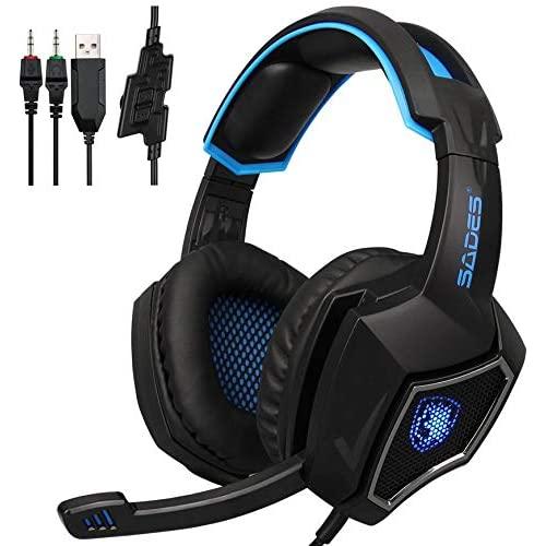 Pudincoco SADES USB Gaming Headset Stereo Computer Headphone with Mic 3.5mm Jack for PC Laptop Mobile Phone for Mac for Xbox one for PS4(Black & Blue)
