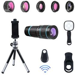 Phone Camera Lens, 6 lenses+ LED Light+ Remote Shutter+ Tripod, 18X Telephoto Zoom/Wide angle/Macro/Fisheye/CPL/Kaleidoscope camera lens kit for iPhone Xs X XR 8 7 6 Plus Samsung and Android