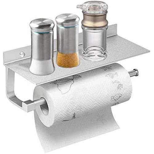 Hoimpro Paper Towel Holder Wall Mounted for Kitchen 13 Inch, Bathroom Tissue Roll Hanger with Mobile Phone Storage Shelf,Space Aluminum, Wall Mount with Screws, Dull Polished Silver