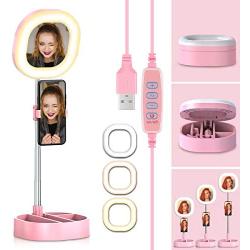 CameCosy Selfie LED Light with Tripod Stand +Foldable Beauty Mirror+Cell Phone Holder, Adjustable Brightness Fill Light for Makeup/Camera Video/YouTube, Compatible with iPhone/Android.-Pink