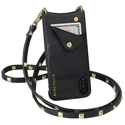 Bandolier Sarah Crossbody Phone Case and Wallet - Black Leather with Gold Detail - Compatible with iPhone 8 Plus, 7 Plus, 6 Plus, 6s Plus Only Bandolier Sarah Crossbody Phone Case and Wallet - Black Leather with Gold Detail - Compatible with iPhone 8 Plus, 7 Plus, 6 Plus, 6s Plus Only