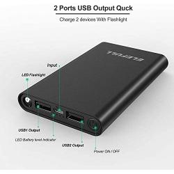 Power Bank 10000mAh Flashlight 2 Ports USB Portable Charger Quick Charge Cellphone Tablet DV Bluetooth Player (Black ABS)