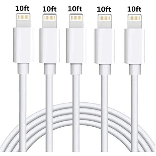 iPhone Cable Charger 5Pack 10FT Sharllen iPhone Charging Cable 10 Foot Long iPhone Cord Fast USB Charging Syncing Extra-long Lightning Wire Compatible iPhone11/XS/Max/XR/X/8/8Plus/7P/6/iPad/iPod White