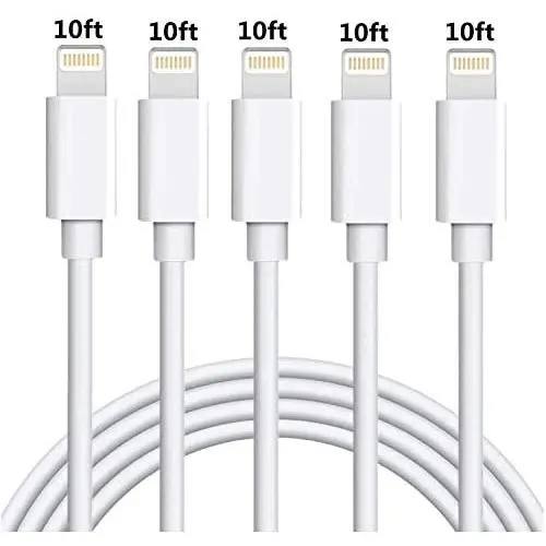 iPhone Cable Charger 5Pack 10FT Sharllen iPhone Charging Cable 10 Foot Long iPhone Cord Fast USB Charging Syncing Extra-long Lightning Wire Compatible iPhone11/XS/Max/XR/X/8/8Plus/7P/6/iPad/iPod White