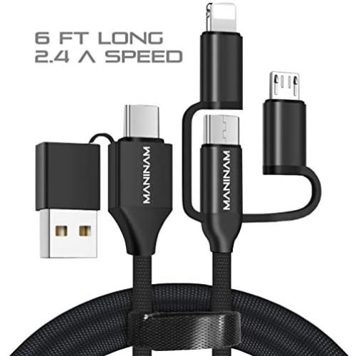 Multi USB Charging Data Cable, MANINAM 5 in 1 Multi USB Cable, Multi Charger USB C Cable, 2.4A Fast Charging Cord, 6FT Cotton Braided with Cable Organizer, for Phone Tablet Camera etc (Black)