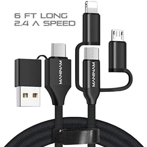 Multi USB Charging Data Cable, MANINAM 5 in 1 Multi USB Cable, Multi Charger USB C Cable, 2.4A Fast Charging Cord, 6FT Cotton Braided with Cable Organizer, for Phone Tablet Camera etc (Black) Multi USB Charging Data Cable, MANINAM 5 in 1 Multi USB Cable, Multi Charger USB C Cable, 2.4A Fast Charging Cord, 6FT Cotton Braided with Cable Organizer, for Phone Tablet Camera etc (Black)