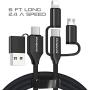 Multi USB Charging Data Cable, MANINAM 5 in 1 Multi USB Cable, Multi Charger USB C Cable, 2.4A Fast Charging Cord, 6FT Cotton Braided with Cable Organizer, for Phone Tablet Camera etc (Black)