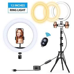 12" LED Ring Light with Tripod Stand, Circle Light, Selfie Ring Light, Kit with 3 Colors & 10 Brightness for Makeup/YouTube Video/Live Streaming/Camera/Phone Video Shooting