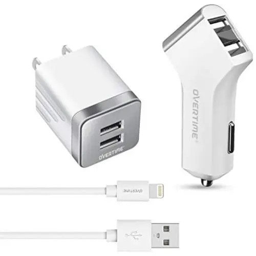 iPhone Charger, Overtime Apple MFi Certified 4ft Lightning USB Cable with Dual Port Wall & Car Charger Adapter for iPhone 11 Pro Max X Xs XR 8 7 6s 5 SE, iPad Pro Air Mini - White iPhone Charger, Overtime Apple MFi Certified 4ft Lightning USB Cable with Dual Port Wall & Car Charger Adapter for iPhone 11 Pro Max X Xs XR 8 7 6s 5 SE, iPad Pro Air Mini - White