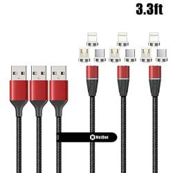 NetDot Gen12 3 in 1 Magnetic Fast Charging Data Transfer Cable Compatible with Micro USB & USB-C Smartphones and i-Product(3.3ft/3 Pack red)