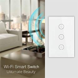 WiFi Smart Wall Touch Light Switch Glass Panel Wireless Remote Control by Mobile APP Anywhere Compatible with Alexa,Timing Function No Hub Required (Wall Switch 3 Gang)