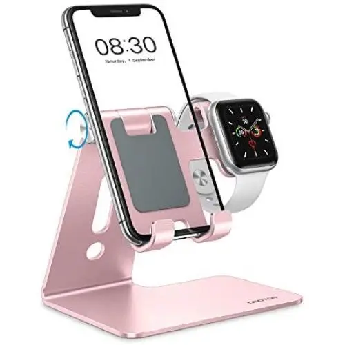 OMOTON Apple Watch Stand, Adjustable Cell Phone Stand, 2 in 1 Universal Apple Watch Charging Dock for Apple Watch Series 5/4/3/2/1 and iPhone SE/11/11 Pro/11 Pro Max/XR/Xs/Xs Max,Rose Gold OMOTON Apple Watch Stand, Adjustable Cell Phone Stand, 2 in 1 Universal Apple Watch Charging Dock for Apple Watch Series 5/4/3/2/1 and iPhone SE/11/11 Pro/11 Pro Max/XR/Xs/Xs Max,Rose Gold