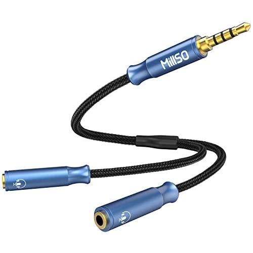 MillSO Headphone Splitter Nylon Braided 3.5mm TRRS Audio Splitter Cable CTIA Stereo Dual Headphone Jack Adapter for 2 TRRS Headsets to PC/Laptop/Smartphone/Xbox/PS4 [Seablue Young Series] - 1 FT