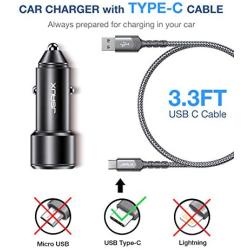 JSAUX Car Charger Compatible for Samsung Galaxy S10/S9/S9 Plus/S8/S8 Plus/S20/Note 10/9/8, LG, Moto -3A Dual Quick Charge 3.0 Ports 36W Metal Fast USB Car Adapter with Type C Charging Cable Black