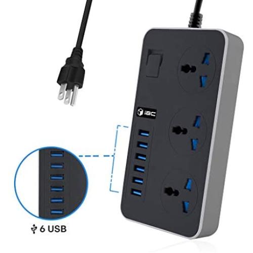 Universal Power Strips 3 Way Outlets 6 USB Plug Ports Surge Protection Power Socket Switch Portable Charger with 2M Wall Plug Adapter Extension Cord with Fuse and Shutter Extension Lead