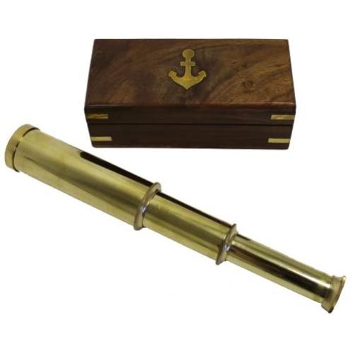 9" Handheld Brass Telescope - Nautical Pirate Spy Glass with Wood Box