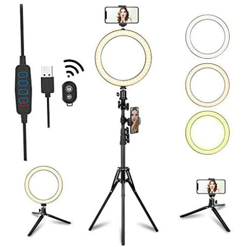 8" LED Selfie Ring Light with Tripod Stand & Phone Holder for Live Streaming & YouTube Video & Vlogs, Dimmable Makeup Ring Light for Photography, Shooting with 10 Brightness Level & 3 Light Modes