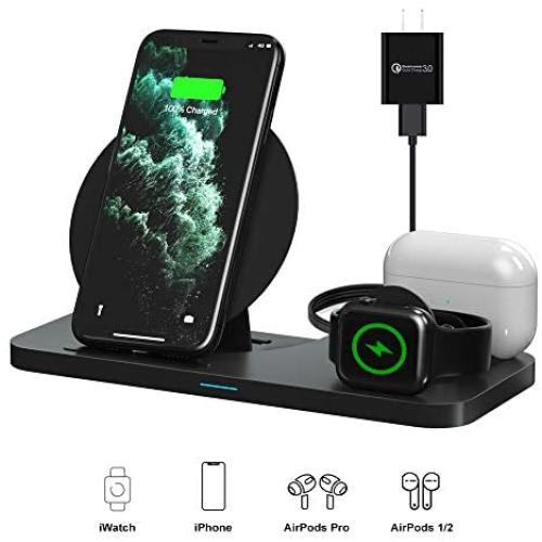 Wireless Charger, FAPO Qi Certified 3 in 1 Wireless Charging Station Compatible with Apple Watch/AirPods 1 2/AirPods Pro/iPhone 11/11 pro/11 Pro Max/XS Max/XR/X/8/8 Plus(QC 3.0 Adapter Included)