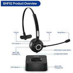 Besign BHF02 Bluetooth 5.0 Handsfree Headset, Wireless On Ear Headphone, Noise Cancellation Microphone, for Truck Driver Office Call Center Smartphone PC Skype