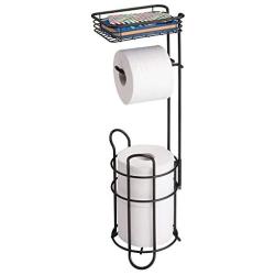 mDesign Freestanding Metal Wire Toilet Paper Roll Holder Stand and Dispenser with Storage Shelf for Cell, Mobile Phone - Bathroom Storage Organization - Holds 3 Mega Rolls - Matte Black