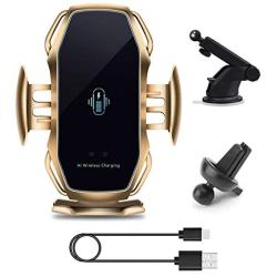 Wireless Car Charger and Mount with Infrared Smart Sensor - DENT A5 10W Fast Charger (Gold, Air Vent/Telescoping Arm)