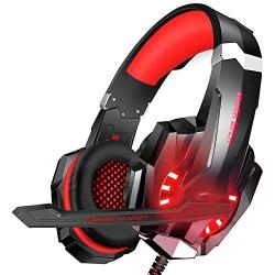 BlueFire Stereo Gaming Headset for PS4, PC, Xbox One Controller, Noise Cancelling Over Ear Headphones with Mic, LED Light, Bass Surround, Soft Memory Earmuffs for Laptop Nintendo Switch (Black-Red)