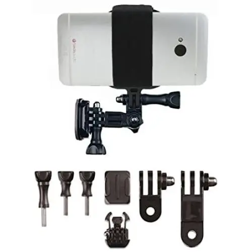 Universal Helmet Mount Kit with Action Mount Adapter for Smartphone, Operable with Any Phone. Includes Parts Shown, with Wrench and Universal Phone Adapter. Compatible with GoPro Cameras.