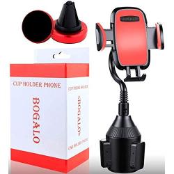 Cup Phone Holder - Smart Phone Car Mount and Air Vent Holder in Red for All Phones,Android Phone Compatible - Adjustable Base 360 - Degree Rotation - Goose Neck - Stand Strap Easy Installment BOGALO